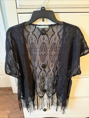 Maurices Black Crochet Fringe Short Sleeve Cardigan